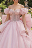Vestido de baile Corsé rosa con cuentas y hombro descubierto vestido de quinceañera con lazo grande
