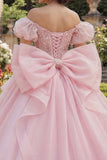 Vestido de baile Corsé rosa con cuentas y hombro descubierto vestido de quinceañera con lazo grande