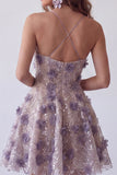 Vestido corto corto floral de lentejuelas moradas brillantes