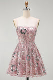 Vestido corto corto floral de lentejuelas con cuentas con brillante rubor