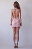 Vestido cóctel rosa brillante con halter, floral con cuentas y cuentas ajustado, corto y descubierto