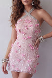 Vestido cóctel rosa brillante con halter, floral con cuentas y cuentas ajustado, corto y descubierto