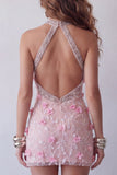 Vestido cóctel rosa brillante con halter, floral con cuentas y cuentas ajustado, corto y descubierto
