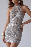 Vestido de cóctel corto ajustado, con espalda plateada y brillante con espalda abierta, con cuentas y cuentas