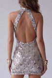 Vestido de cóctel corto ajustado, con espalda plateada y brillante con espalda abierta, con cuentas y cuentas