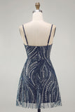 Vestido de cóctel corto corto azul marino brillante con tirantes gruesos y cuentas