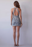 Vestido de cóctel brillante, gris azul y gris azul, ajustado y corto de cuentas