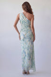 Vestido formal de sirena verde claro con flores de un solo hombro
