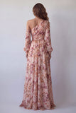 Vestido floral rosa de manga larga de una línea A con un hombro y abertura
