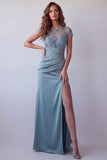 Vestido formal de manga corta con funda floral transparente gris azul