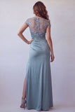 Vestido formal de manga corta con funda floral transparente gris azul