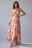 Vestido formal rosa floral línea A de un solo hombro