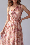 Vestido formal rosa floral línea A de un solo hombro