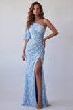 Vestido formal de sirena azul cielo con apliques de un solo hombro