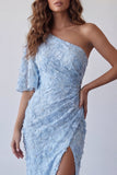 Vestido formal de sirena azul cielo con apliques de un solo hombro