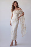 Vestido formal Midi Look Bodycon Color Champán con Estampado de Hombros Descubiertos y Capa