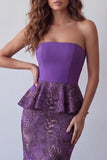 Vestido formal midi sin tirantes de sirena de gasa morada con volantes