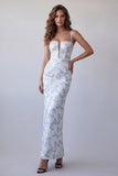 Vestido formal largo de tirantes finos con flores con tirantes finos azul claro