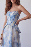 Vestido formal midi floral sin tirantes azul polvoriento de gasa azul polvoriento