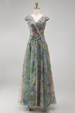 Vestido formal largo largo de escote en V con escote en V y salvia de gasa