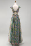 Vestido formal largo largo de escote en V con escote en V y salvia de gasa