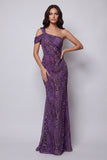 Vestido formal largo de chiffon sirena morado de un hombro