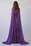 Vestido formal largo de gasa morada en línea A sin tirantes con bufanda al cuello