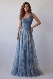 Vestido formal largo y floral arrugado azul polvoriento de escote en V azul polvoriento