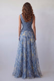 Vestido formal largo y floral arrugado azul polvoriento de escote en V azul polvoriento