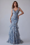 Vestido formal largo largo con flores de chiffon azul polvoriento sirena y volantes