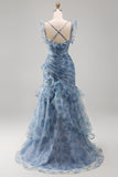 Vestido formal largo largo con flores de chiffon azul polvoriento sirena y volantes