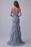 Vestido formal largo largo con flores de chiffon azul polvoriento sirena y volantes