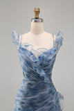 Vestido formal largo largo con flores de chiffon azul polvoriento sirena y volantes