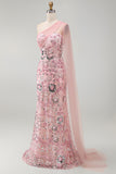Vestido largo de madre de la novia rosa brillante con cuentas de sirena y capa lateral