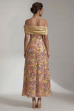 Amarillo brillante Largo Largo de Hombros A Línea Vestido de Madre de la Novia con Flor 3D