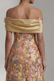 Amarillo brillante Largo Largo de Hombros A Línea Vestido de Madre de la Novia con Flor 3D