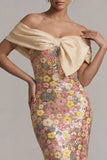 Vestido largo largo de sirena amarillo brillante con un vestido de la novia con lazo