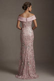 Vestido de la Madre de la Novia con cuentas de sirena rosa brillante, largo y descubierto de hombros