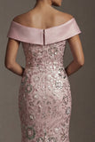 Vestido de la Madre de la Novia con cuentas de sirena rosa brillante, largo y descubierto de hombros