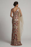 Vestido largo de madre de la novia, sirena floral rojo brillante con volantes, lentejuelas, y capa lateral