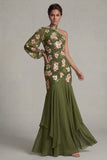 Vestido de Madre de la Novia de un solo hombro sirena de eucalipto y manga larga