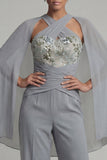 Mono de cabeza de madre de la novia con capa, gris azul, apliques