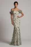 Vestido de Sirena de lentejuelas con lentejuelas de Salvia Polvoriento y flores 3D