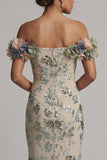 Vestido de Sirena de lentejuelas con lentejuelas de Salvia Polvoriento y flores 3D