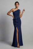 Vestido de la Madre de la Novia de Una Espada Azul Marino, de un hombro largo, con volantes