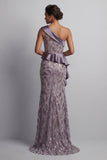 Vestido vintage brillante malva con largas cuentas de la sirena de la Madre de la Novia y volantes