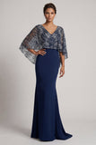 Vestido de sirena de la madre de la novia con camisa de lentejuelas azul marino brillante y capa