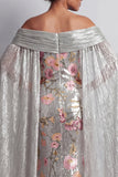 Sirena floral de lentejuelas plateadas brillantes Vestido largo de la cabeza de la novia con capa