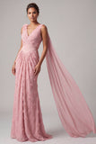 Vestido largo de sirena rosa con escote en V y sirena con serpentina