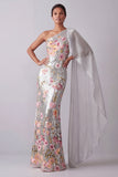 Vestido de madre de la novia con lentejuelas florales plateadas brillantes, un hombro largo, con capa lateral